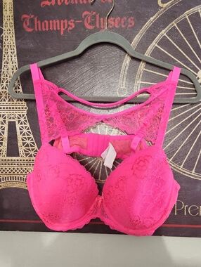 Lace Push-Up Bra with Back Panel - Hot Pink